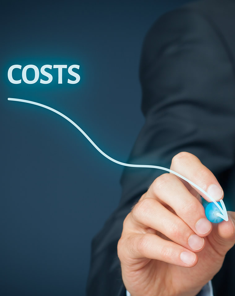 A person's hand pressing a button labelled COSTS on a futuristic interface.